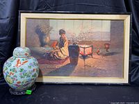 Framed art print and porcelain ginger jar together