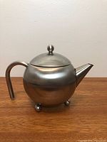 Right side view showing handle, body, lid, spout, ball feet