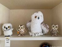 Four owl items on shelf showing scale and condition