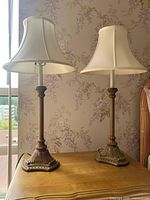 Two matching table lamps with shades displayed on table
