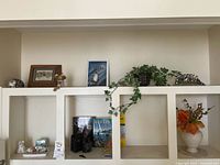 Overall shelving with framed pictures, glass mushroom, stone figurines, artificial plants and floral arrangement