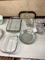 Group shot of all glass bakeware pieces on table