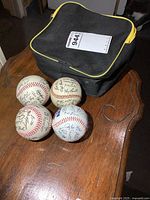 Four signed baseballs and black carry case on wooden surface