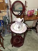 Full view of washstand with bowl and pitcher in place