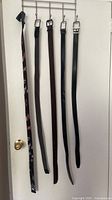 Five belts hanging on door