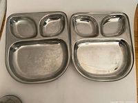 Two stainless steel three-compartment trays side by side