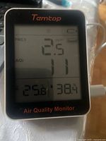 Front view of Temtop S1 monitor powered on displaying readings