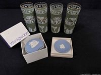 Six of the eight Hellenic green tumblers, Wedgwood trinket box and dish in presentation boxes