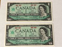 Front view of two 1967 Centennial one-dollar notes