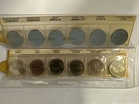 Full view of both plastic strips showing eight visible coins and monthly labels