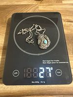 Chain and pendant on scale showing overall form and weight