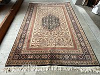 Full view of entire rug showing design, borders, fringe