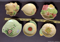 Group shot of all six ceramic leaf- and flower-shaped dishes with measuring tape for scale