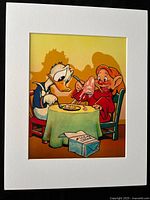 Front view of cel matted, showing Donald Duck and Dopey at table