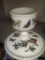 Dish without lid showing interior and exterior botanical design