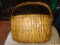 Front view of woven basket showing weave and shape