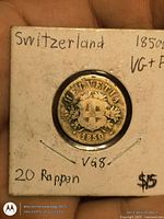Obverse view of 1850 Swiss 20 Rappen coin in flip