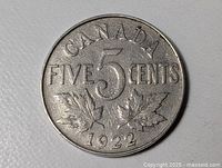 Reverse of 1922 Canadian 5-cent coin