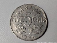 Reverse of 1931 Canada 5 cent coin