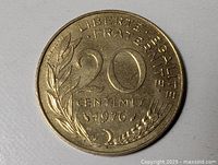 Reverse showing LIBERTE EGALITE FRATERNITE, numeral 20, CENTIMES, date 1976