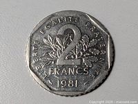 Reverse side with denomination 2 FRANCS, olive branch, motto and date 1981