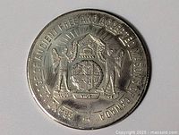 Front of silver-tone medallion showing winged figures, crest, surrounding inscription