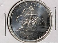 Obverse side of coin showing tall ship design and dual dates