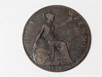 Full view of 1912 British One Penny reverse, dark toning