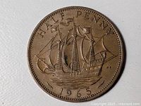 Reverse of 1965 half penny showing Golden Hind and date