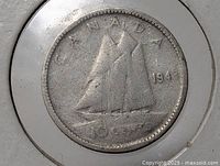 Reverse of 1941 Canadian dime showing Bluenose schooner