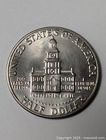 Reverse of 1976-D Kennedy half dollar showing Independence Hall design