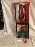 Front view of both boxed Barbie dolls stacked, giveaways on cloth