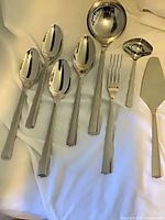 Full set of eight stainless steel pieces displayed on white fabric