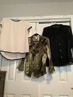 Front view of three tops on hangers: ivory blouse, animal-print blouse, black sheer blouse