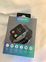 Front of sealed Apex Fit smartwatch box with product image and branding