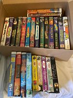 Full view of box containing two rows of VHS tapes, shows overall quantity and mix