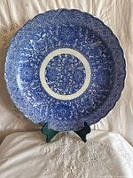 front view of blue and white porcelain platter showing full pattern