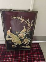 Full view of lacquer wall panel showing complete peacock and floral design