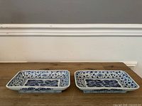 Both rectangular blue and white dishes top view