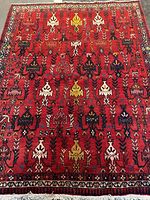 Full view of Persian rug showing overall design, colours and fringe