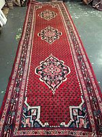 Full length view of red Persian runner rug showing overall design and borders