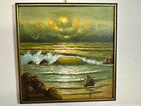 Framed oil seascape painting front view