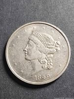 Obverse of replica coin showing Liberty Head and 1849 date