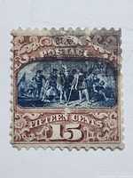 Front of 15¢ Landing of Columbus stamp showing design, denomination and cancellation