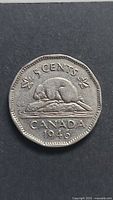 Reverse of 1946 Canadian five-cent coin showing beaver design and date