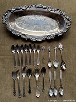 All items laid out: oval platter above 20 flatware pieces