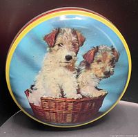 Top view of tin showing terrier image on lid