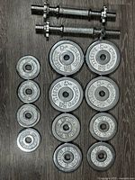 All plates and both dumbbell bars laid out on floor