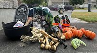 Group shot of all Halloween decorations on driveway