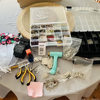 Overview of lot showing tools, bead organizers, chains and pliers